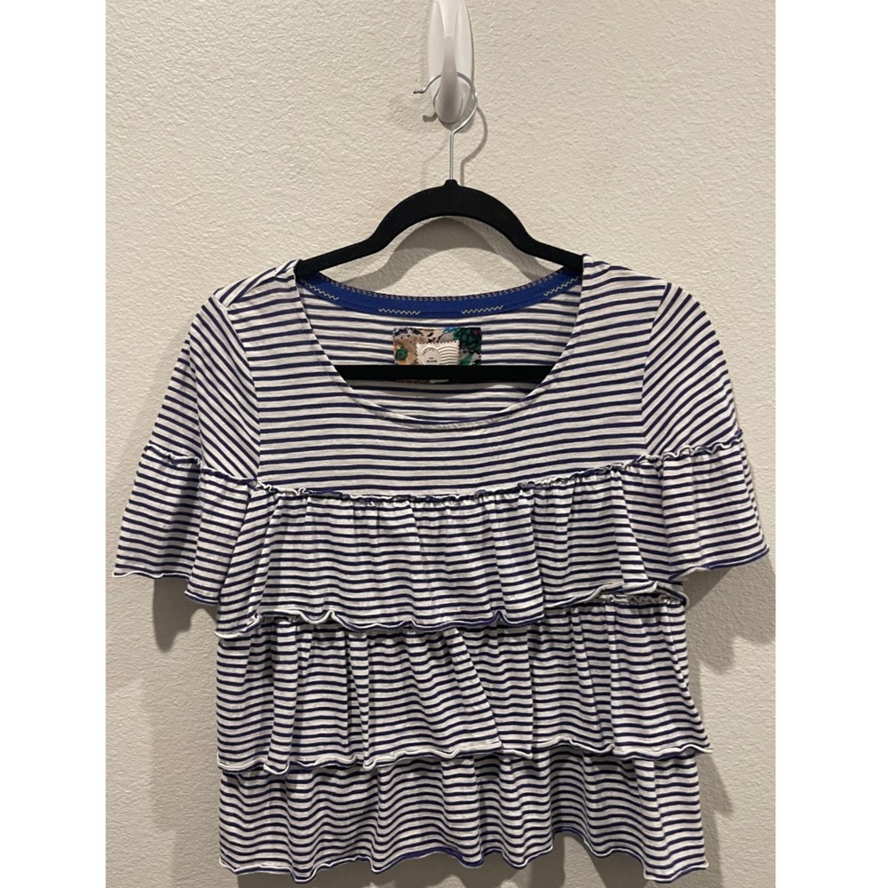 POSTAGE STAMP Striped Ruffle Short Sleeve White Blue Blouse